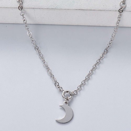 colar feminino minimalista moderno em prata 925 com pingente de lua de cor natural