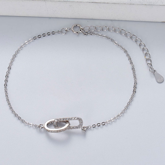 minimalista prata 925 na moda com pulseira de pingente duplo