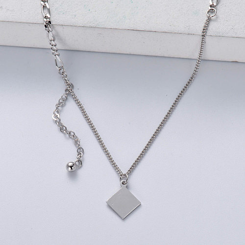 collar asimétrico de moda de plata 925 con colgante cuadrado de color natural para mujer