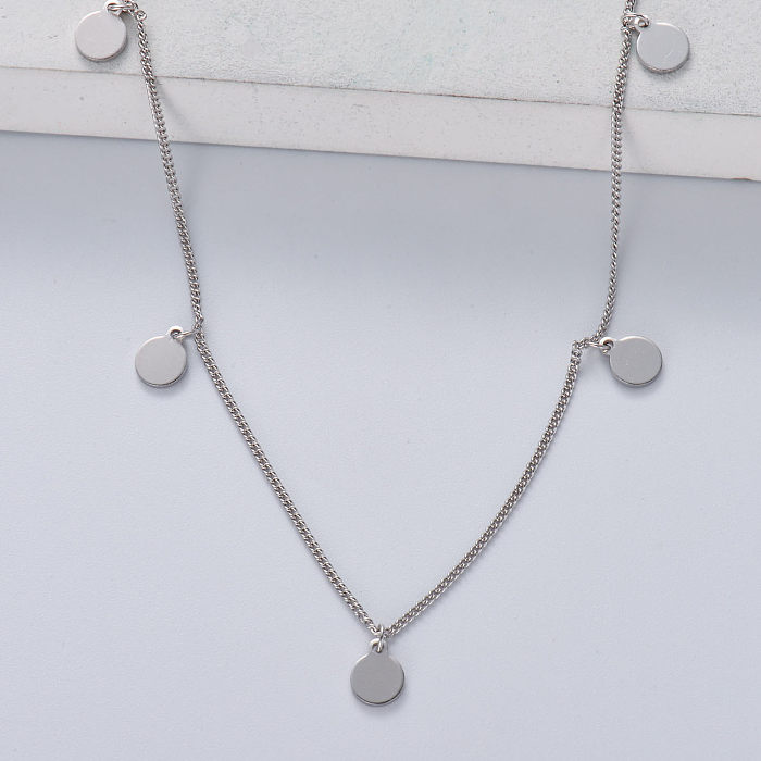 colar de pingente de círculo de cor natural em prata 925 minimalista