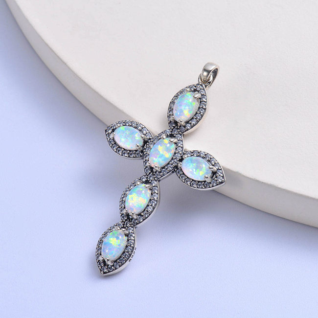 trendy colorful oval opal stone trendy 925 silver cross pendant