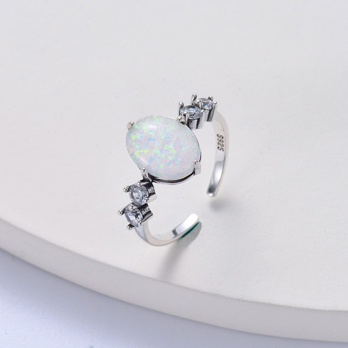 anillo de mujer de plata 925 de moda con piedra de ópalo y cristal ovalado