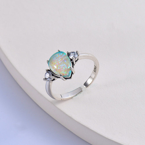 Pedra opala colorida clássica na moda 925 prata com anel de gota de água de zircão