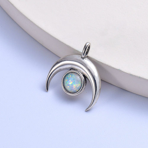 white round oval opal stone trendy 925 silver zircon moon pendant
