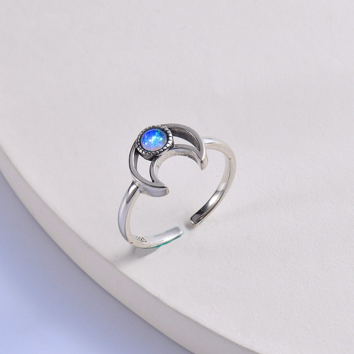 anillo de luna de plata 925 con piedra de ópalo redonda y colorida a la moda
