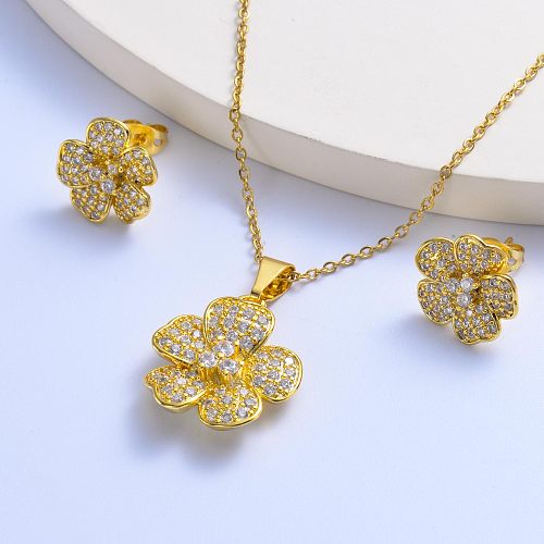 conjunto de joyas de collar y aretes de latón chapado en oro para boda