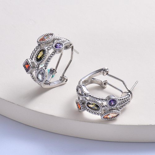 Trendy silver plated with colorful crystal round women stud earring