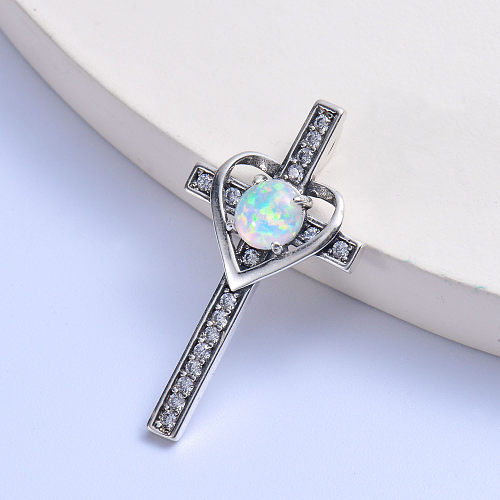 trendy white round opal stone trendy 925 silver cross with heart pendant