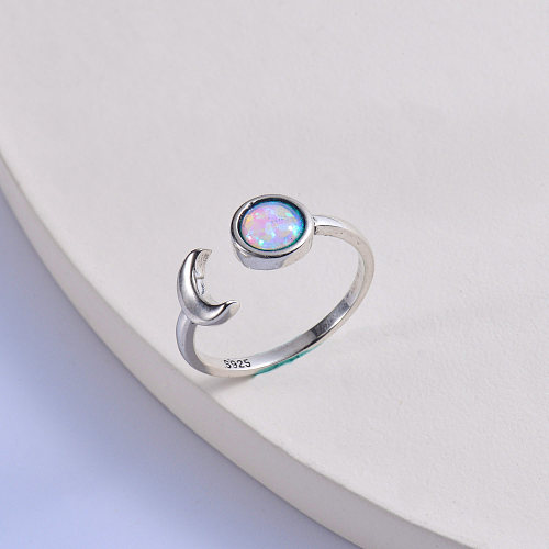 anel de cauda de lua de prata 925 de pedra opala redonda colorida na moda