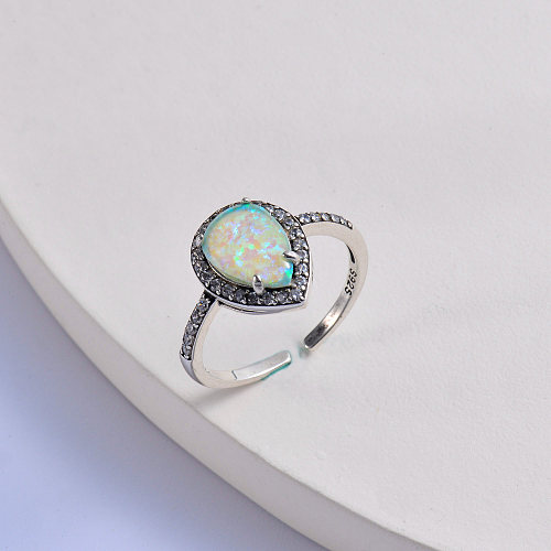 anillo de gota de agua de plata 925 con piedra de ópalo redonda y colorida a la moda