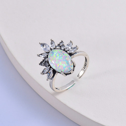 Anillo de plata 925 de moda con piedra de ópalo ovalada colorida clásica con flor de circón