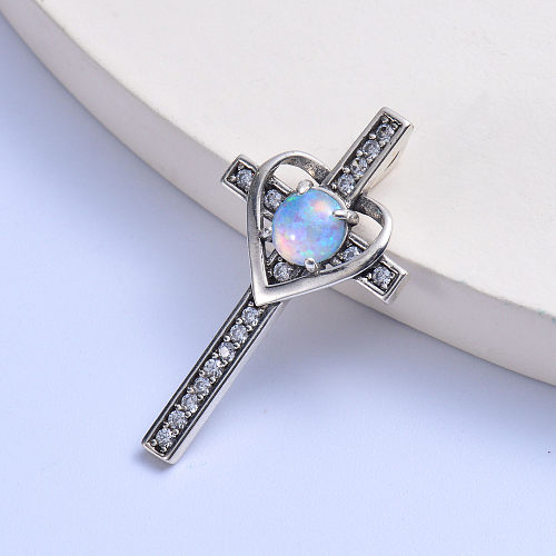 trendy colorful round opal stone trendy 925 silver cross with heart pendant