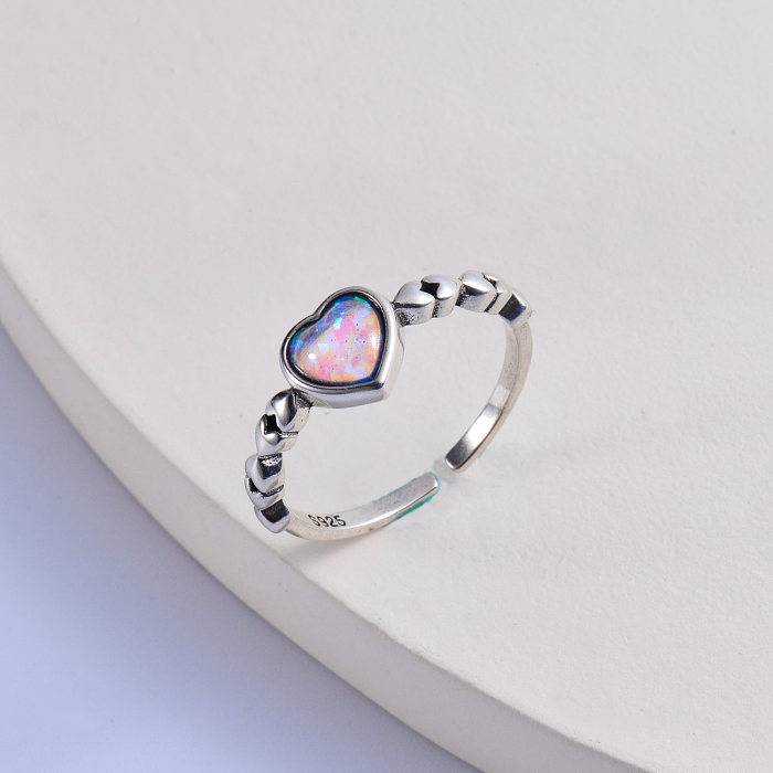 anillo de plata 925 de moda con piedra de ópalo en forma de corazón colorido clásico