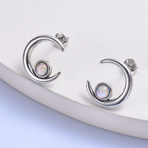 classic natural opal stone trendy 925 silver moon earring