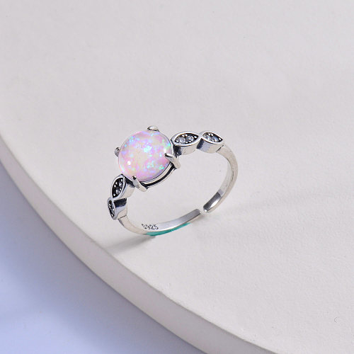 Grande pedra opala redonda colorida na moda 925 prata com anel de zircão