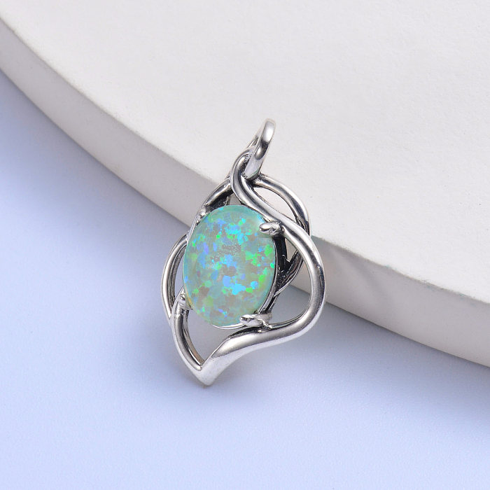 big light green oval opal stone trendy 925 silver love signal pendant
