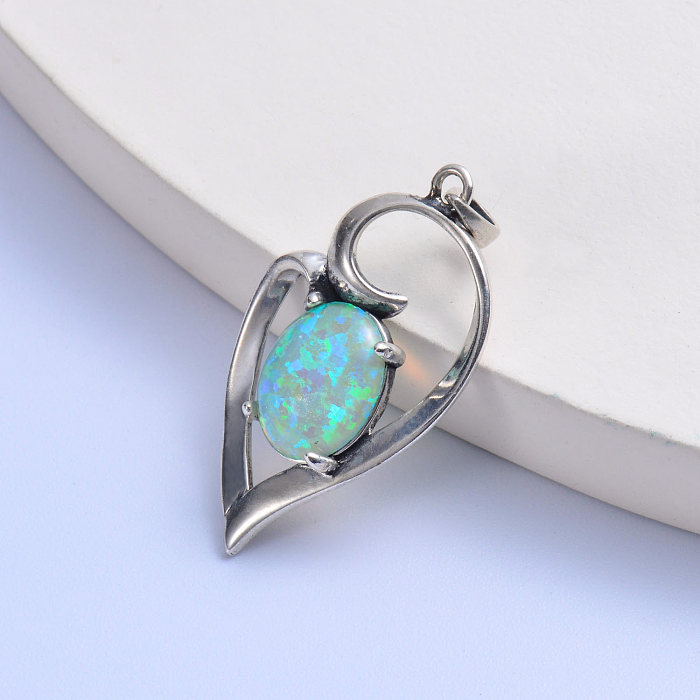 grand pendentif de signal d'amour en argent 925 à la mode en pierre d'opale ovale colorée