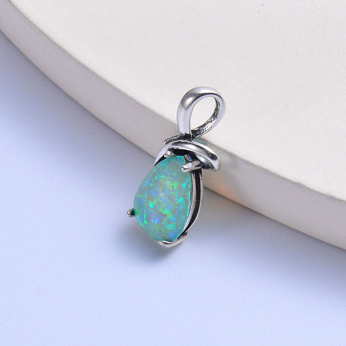 trendy big light green water drop opal stone 925 silver pendant