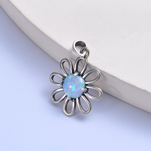 big light blue oval opal stone trendy 925 silver zircon chrysanthemun pendant