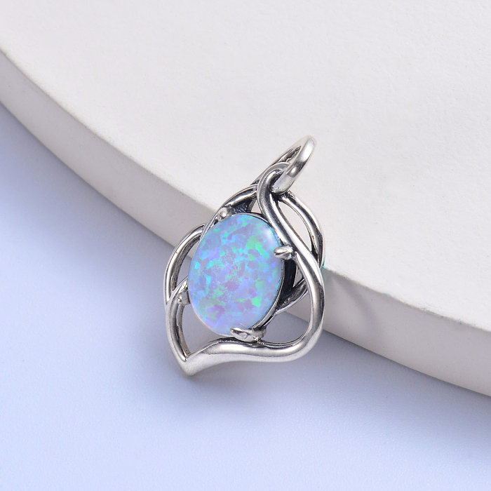 trendy big light blue oval opal stone trendy 925 silver love signal pendant