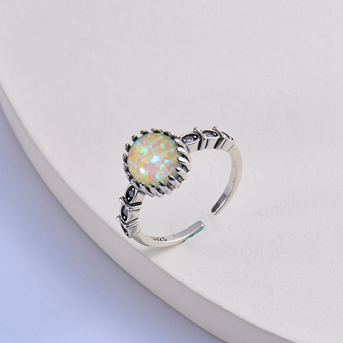 piedra de ópalo redonda colorida clásica plata 925 de moda con anillo de circón