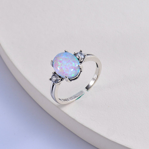 grande pierre d'opale ovale colorée à la mode en argent 925 avec bague en zircon