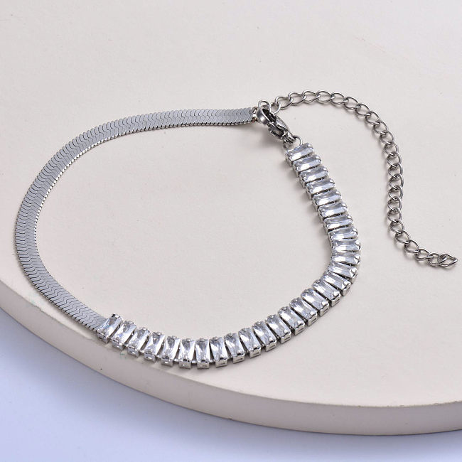 asymmetric 316L stainless steel with snake chain with retangular crystal women bracelet