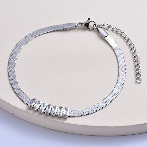 pulsera clásica de acero inoxidable 316L con cadena de serpiente con cristal rectangular para mujer