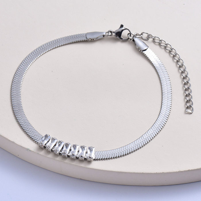 Aço inoxidável 316L clássico com corrente de cobra com pulseira feminina de cristal retangular