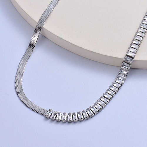 asymmetric 316L stainless steel with snake chain with retangular crystal women necklace
