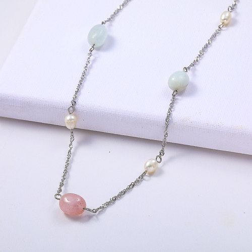Fashion Pink Blue Natural Stone Stainless Steel Pendant Necklace