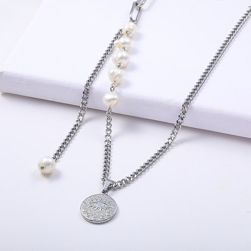 collier asymétrique en acier inoxydable 316L de couleur naturelle avec perle pour femme
