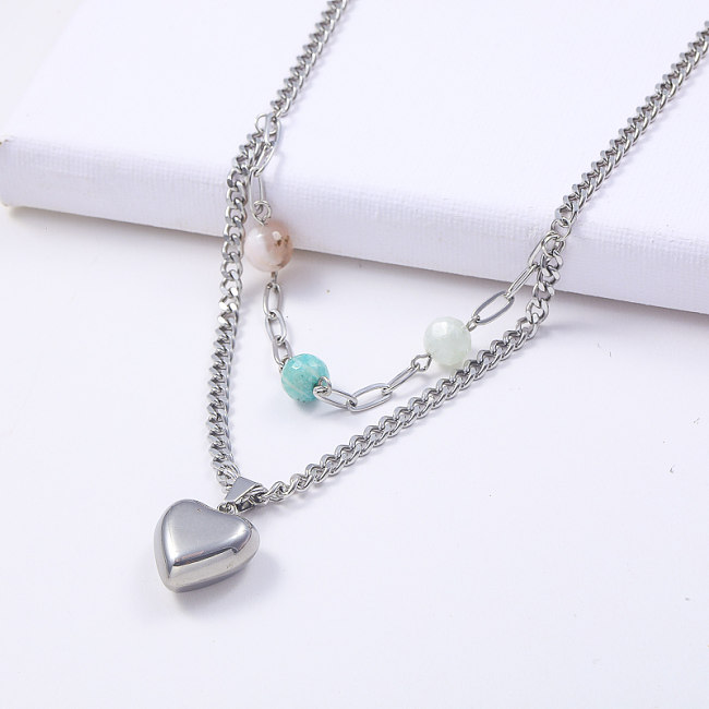 layered chain stainless steel with natural turquiose stone heart necklace