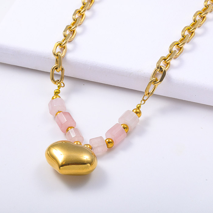 Pierre naturelle rose de mode avec collier pendentif coeur en acier inoxydable plaqué or