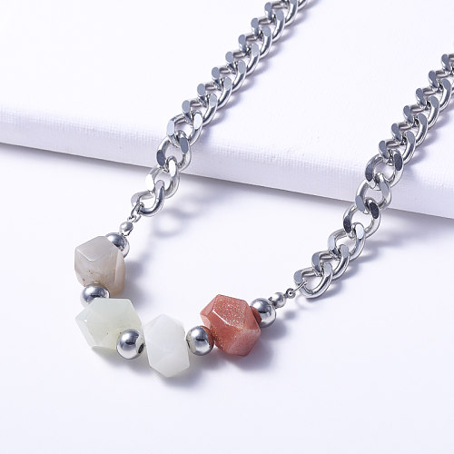 chaîne épaisse en acier inoxydable avec collier en pierre d'opale colorée naturelle