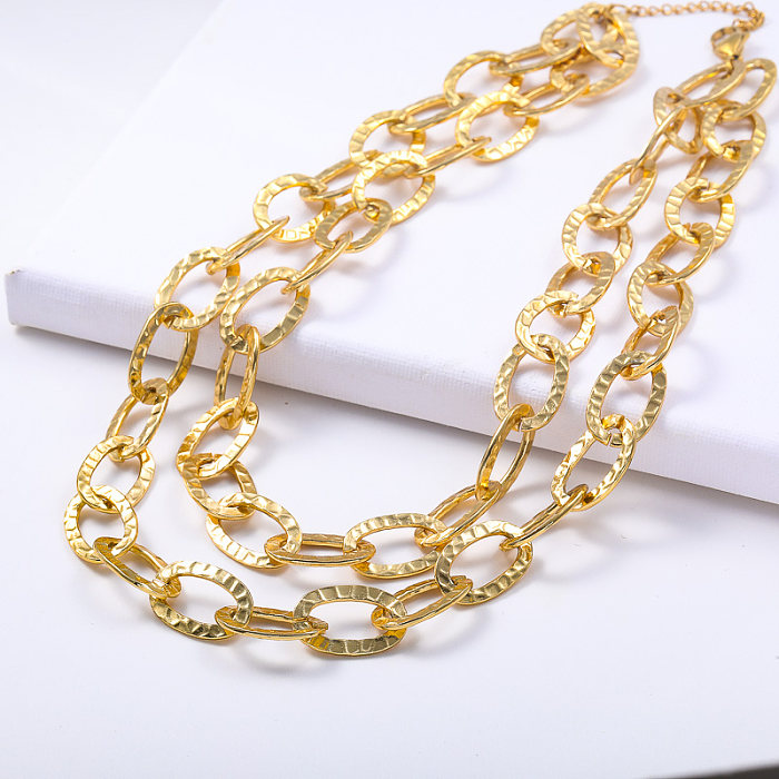 Fashion Gold Plated Stainless Steel Oval Chain Layered Statement Necklace