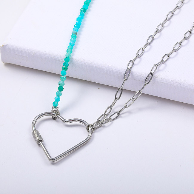 Fashion Stainless Steel Heart Necklace Unscrewable Pendant With Blue Beaded Link Chain Jewelry