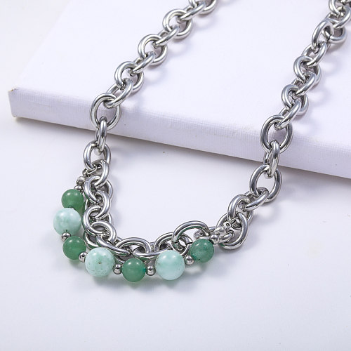 Hot Selling Stainless Steel Beaded Necklace Green Jade Natural Stone Necklade