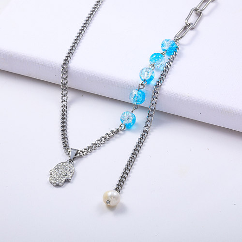 Wholesale Stainless Steel Hamsa Hand With Blue Crackle Beaded Necklace