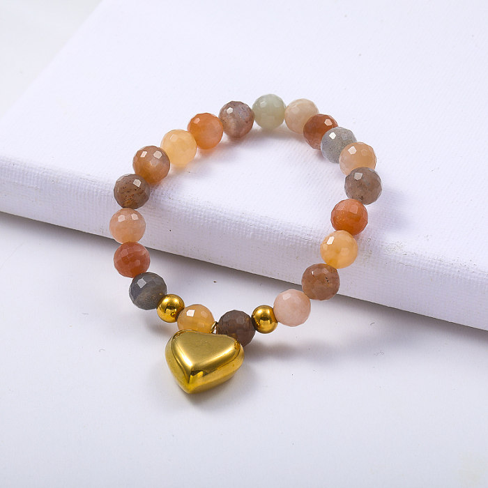 New designs Morandi Color natural stone beaded bracelet with heart charm jewelry