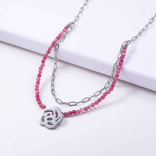 layered chain 316L stainless steel with flower pendant necklace
