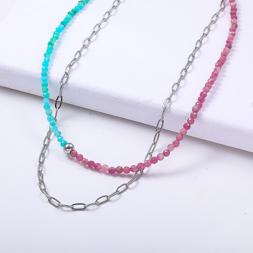 chaîne en couches en acier inoxydable minimaliste avec collier turquoise