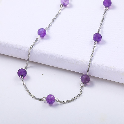 prix de gros violet pierre naturelle perlée lien chaîne collier ras du cou en acier inoxydable