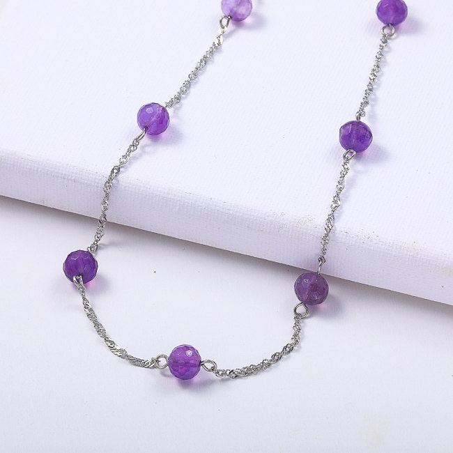 prix de gros violet pierre naturelle perlée lien chaîne collier ras du cou en acier inoxydable