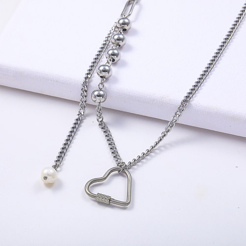 Pendentif dévissable en forme de cœur en acier inoxydable à la mode avec collier de chaîne à maillons perlés