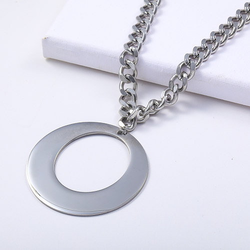 collar minimalista de acero inoxidable de color natural con colgante de círculo grande
