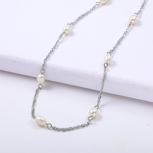 simple freshwater pearl bead link chain stainless steel choker necklace
