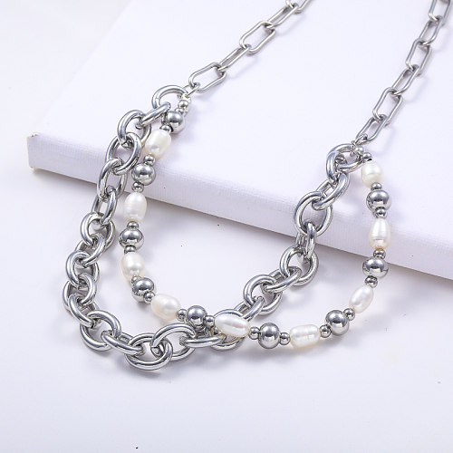 cadena en capas de acero inoxidable 316L con collar de perlas naturales