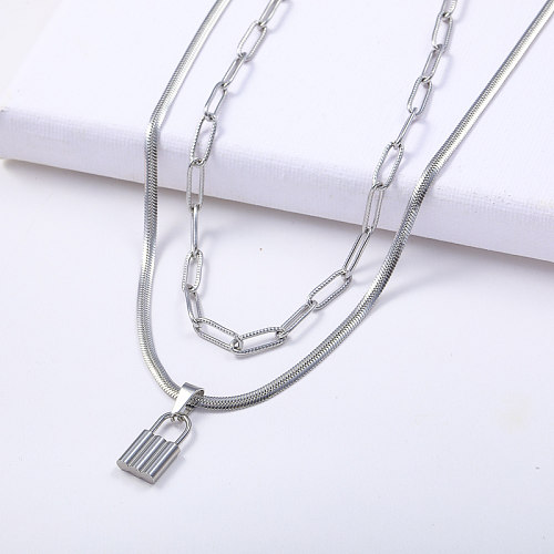 New designs stainless steel lock pendant with snake chain layer necklace for women