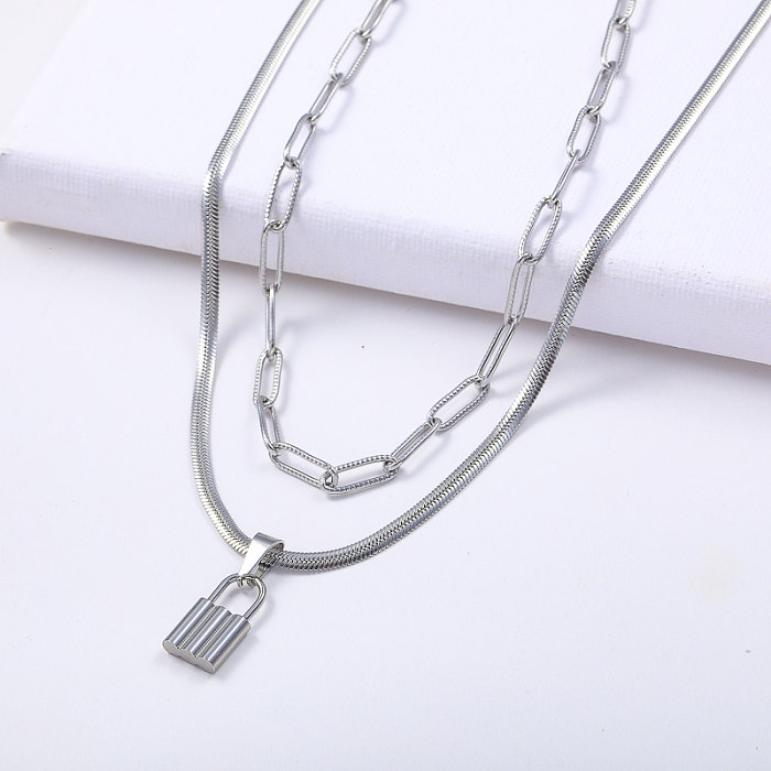 Novos designs pingente de bloqueio de aço inoxidável com colar de camada de corrente de cobra para mulheres